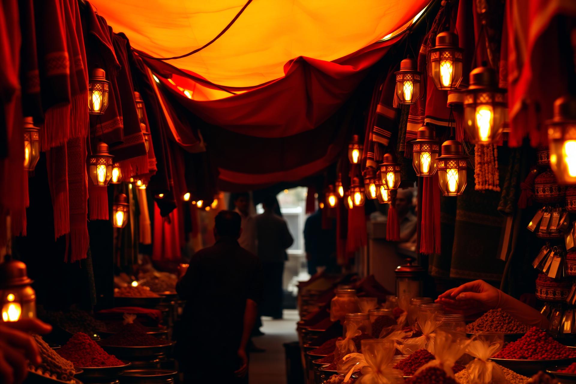 Mercato di lanterne e tessuti