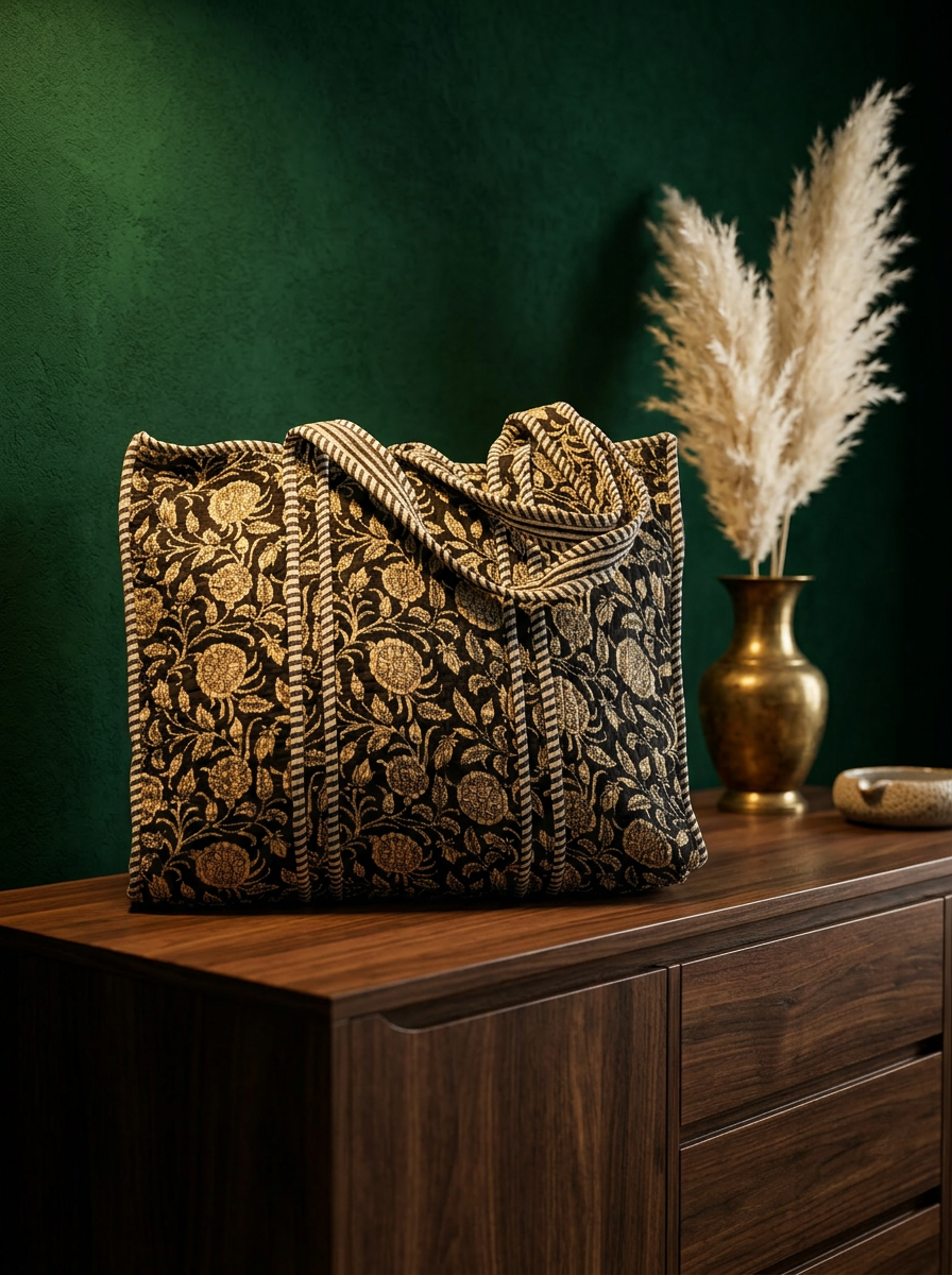 Shopper Notte & Oro – Cotone block-print, dettagli oro, manici rinforzati